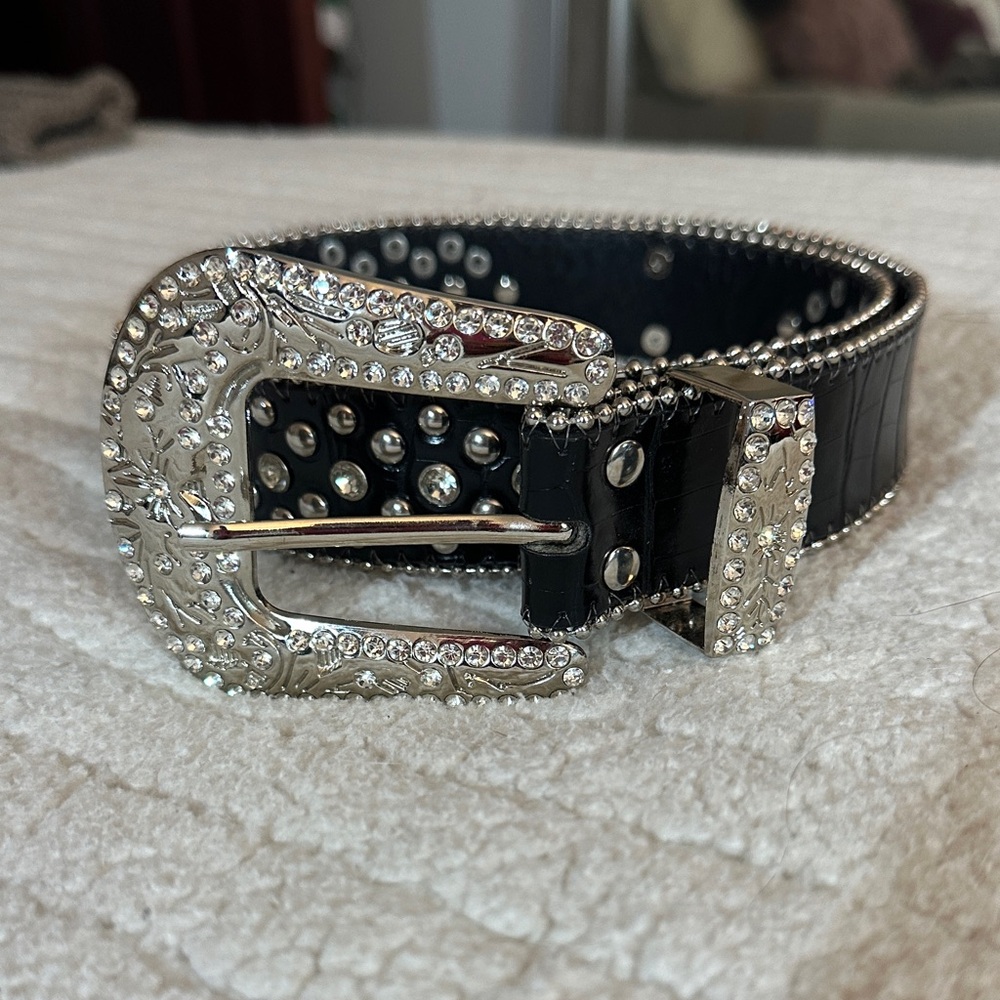 Amazing Black and Silver Studded & Crystal Belt. Croc print embossed.